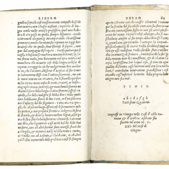 Le vulgari elegantie di messer Nicolao Liburnio. Colophon: Impresse in Vinegia nelle case d’Aldo Romano & d’Andrea Asolano suo suocero, 1521 del mese di giugno