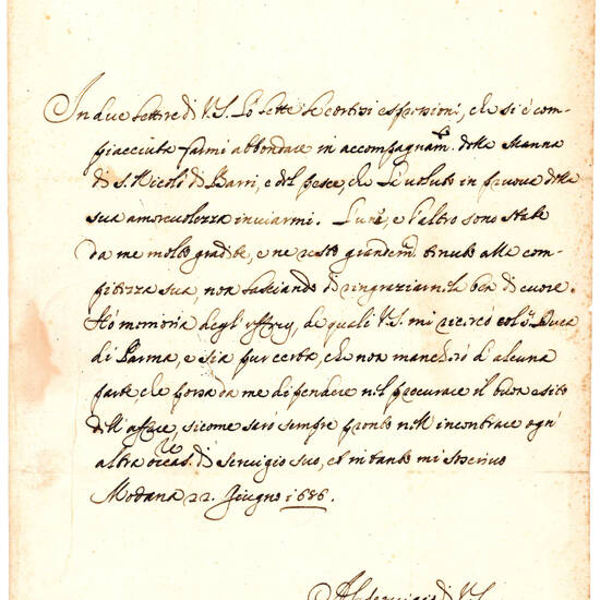 Lettera cancelleresca con firma autografa. Manoscritto su carta. Modena, 22 giugno 1686