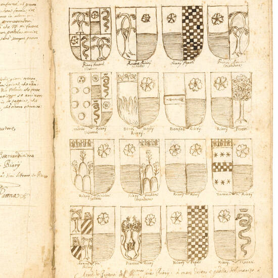 Manoscritto araldico illustrato in italiano. Bologna o Parma, fine XVII secolo.