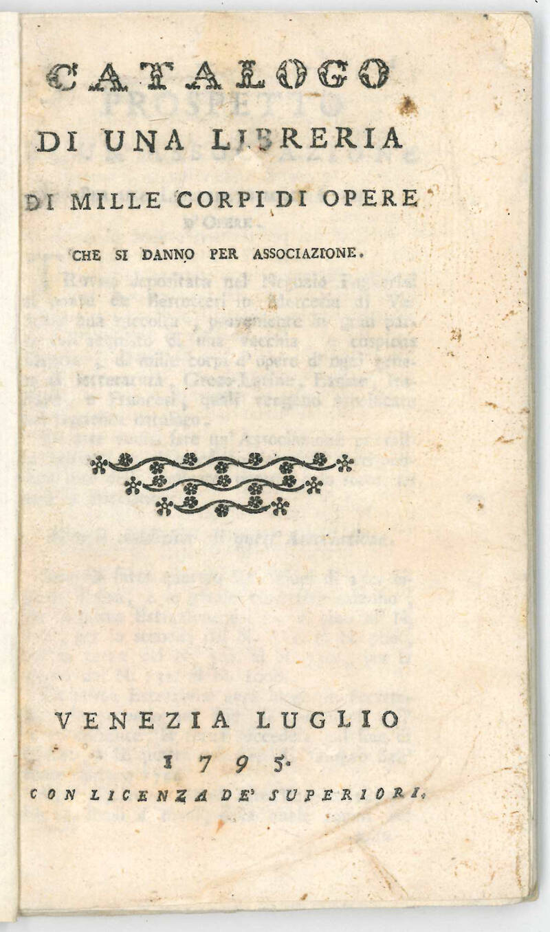 Catalogo di una libreria di mille corpi di opere che si danno per associazione