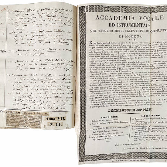 Memorie storico-cronologiche dei Teatri di Modena di Alessandro Gandini. Parte prima [-seconda]. 1866. Manoscritto autografo su carta. [Modena, ca. 1866-1871]