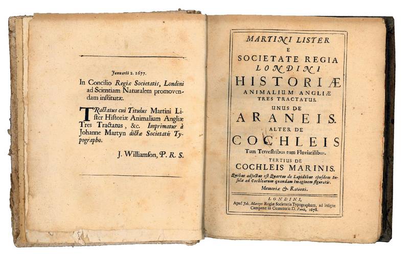 Martini Lister e Societate regia Londini Historiae animalium Angliae tres tractatus. Unus de araneis. Alter de cochleis tum terrestribus tum fluviatilibus. Tertius de cochleis marinis. Quibus adjectus est quartus de lapidibus ejusdem insulae ad cochlearum