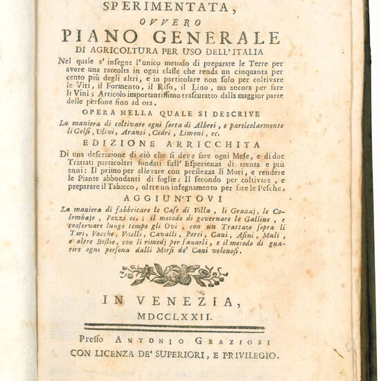 L'agricoltura sperimentata, ovvero Piano generale di agricoltura per uso dell'Italia nel quale s'insegna l'unico metodo di preparare le Terre per avere una raccolta in ogni classe che renda un cinquanta per cento più degli altri, e in particolare non sol