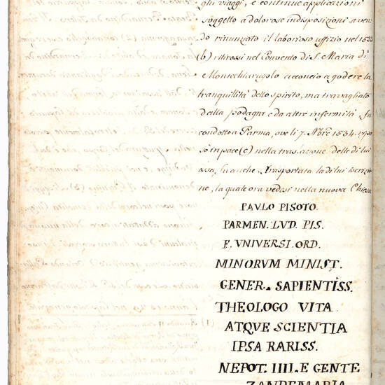 Memoria, e Narrazione riguardanti alla Chiesa de’ R.R. Padri della SS.ma Annunciata di Parma. Manoscritto su carta in italiano e latino. [Parma?, ca. 1777]