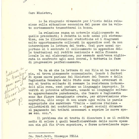 Typed letter signed and addressed to the Treasure Minister Giuseppe Pella. From Rome, 14 April 1951