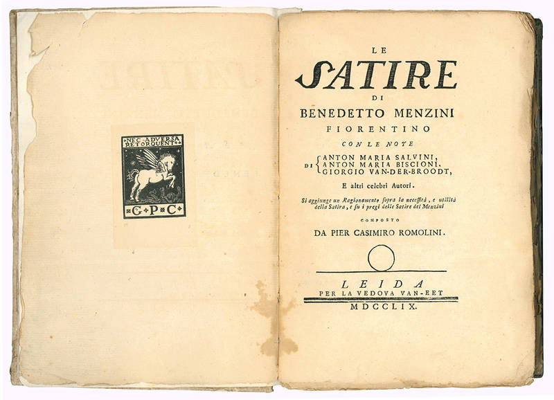 Le Satire di Benedetto Menzini fiorentino con le note di Anton Maria Salvini, Anton Maria Biscioni, Giorgio Van-der-Broodt, e altri celebri autori. Si aggiunge un Ragionamento sopra la necessità, e utilità della Satira, e su i pregi delle Satire del Men