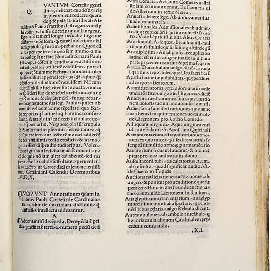 Pauli Cortesii Protonotarii Apostolici in libros de Cardinalatu ad Iulium Secundum Pont. Max. prooemium. Colophon: Symeon Nicolai Nardi Senensis alias Rufus Calchographus imprimebat in Castro Cortesio, Die decimaquinta Novembris M.CCCCCX