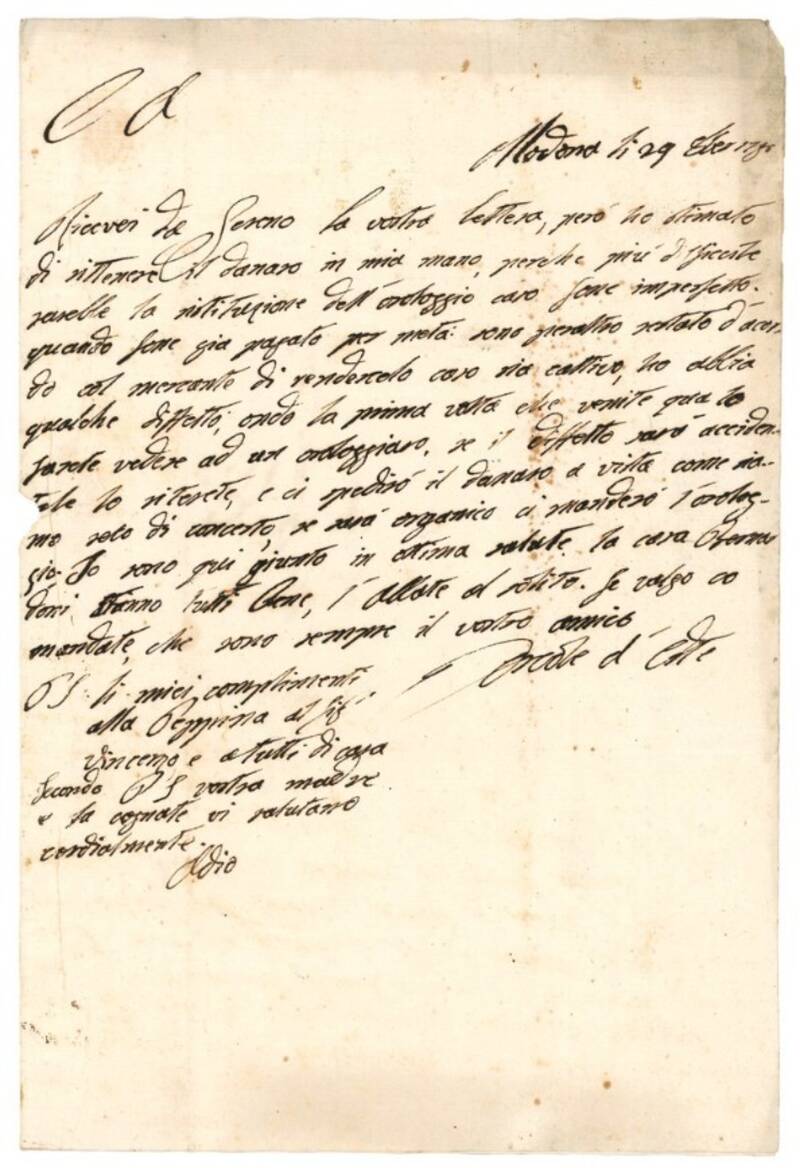 Lettera manoscritta firmata e datata del Duca Ercole III d’Este al Sig. Dottor Gaetano Bede(selli ?).