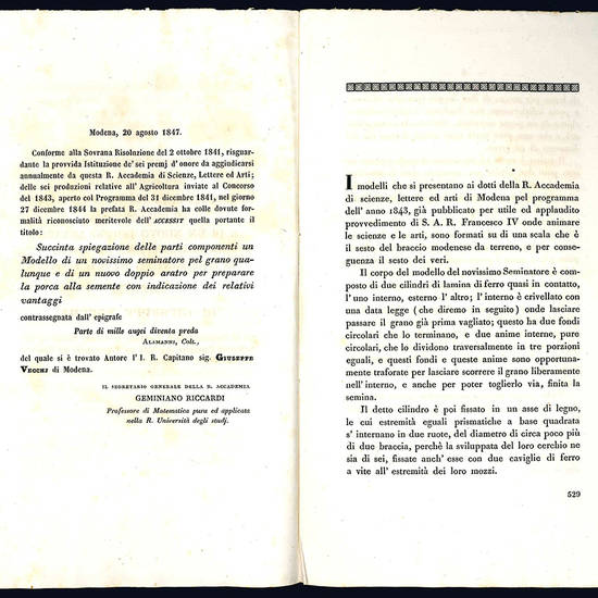 Succinta spiegazione delle parti componenti un modello di un novissimo seminatore pel grano.