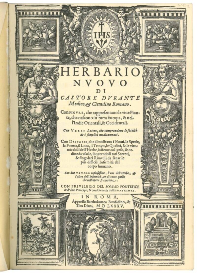 Herbario nuovo di Castore Durante medico, & cittadino romano. Con figure che rappresentano le viue piante, che nascono in tutta Europa, & nell'Indie orientali & occidentali [...]. Con discorsi, che dimostrano i nomi, le spetie, la forma, il loco, il tempo