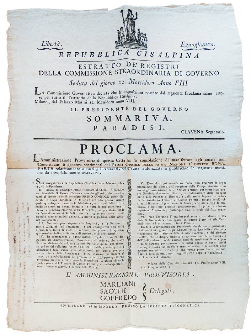 Proclama. L’Amministrazione Provvisoria di questa Città ha la consolazione di manifestare agli amati suoi Concittadini li generosi sentimenti del Primo Console della Prima Nazione l’Invitto Bonaparte