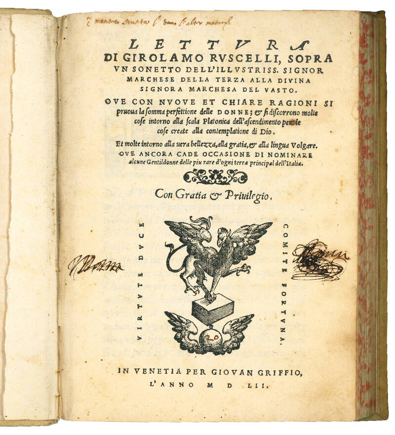 Lettura [...], sopra un sonetto dell’Illustriss. Signor Marchese della Terza alla Divina Signora Marchesa del Vasto. Ove con nuove et chiare ragioni si pruova la somma perfettione delle DONNE [...] ove ancora cade occasione di nominare alcune Gentildonn