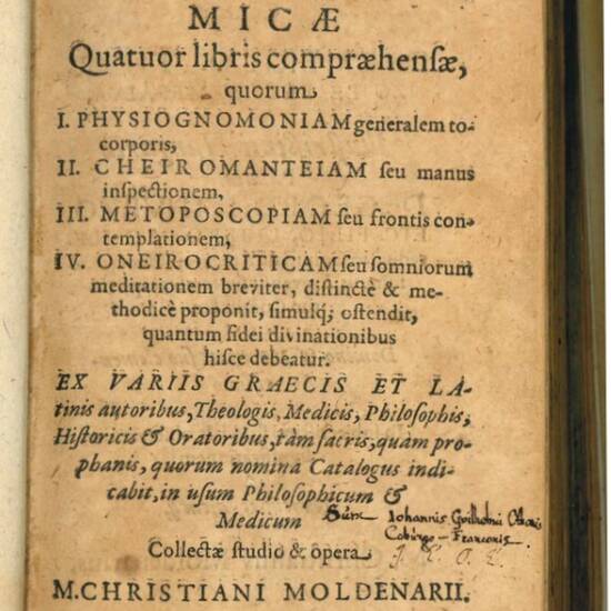 Exercitationes physiognomicæ Quatuor libris compræhensæ, quorum I. Physiognomoniam generale to- corporis, II. Cheiromanteiam seu manus inspectionem, III. Metoposcopiam seu frontis contemplationem [...] collectæ studio & opera M. Christiani Moldenarii.