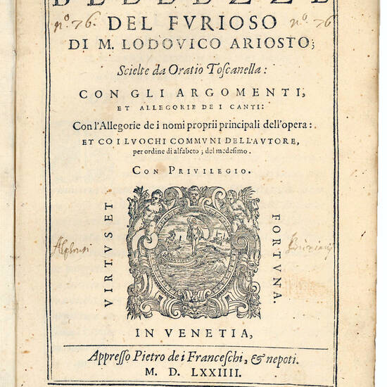 Bellezze del Furioso di M. Lodovico Ariosto; scielte da Oratio Toscanella: con gli argomenti, et allegorie de i canti: con l’Allegorie de i nomi proprii principali dell’opera: et co i luochi communi dell’autore, per ordine di alfabeto; del medesimo