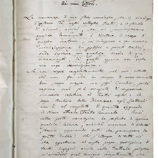 Memorie storico-cronologiche dei Teatri di Modena di Alessandro Gandini. Parte prima [-seconda]. 1866. Manoscritto autografo su carta. [Modena, ca. 1866-1871]