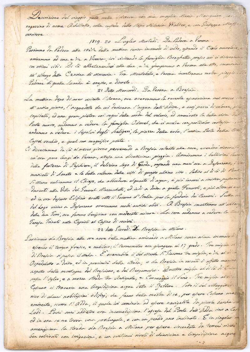 Spese occorse nel viaggio fatto da Padova nella Svizzera con mia Moglie Marta Mac-guire, col mio ragazzino di nome Achilletto, colla custode dello stesso Milania Walter, e con Giuseppe Maffei Domestico. Manoscritto cartaceo in italiano. 20 luglio 1819-28