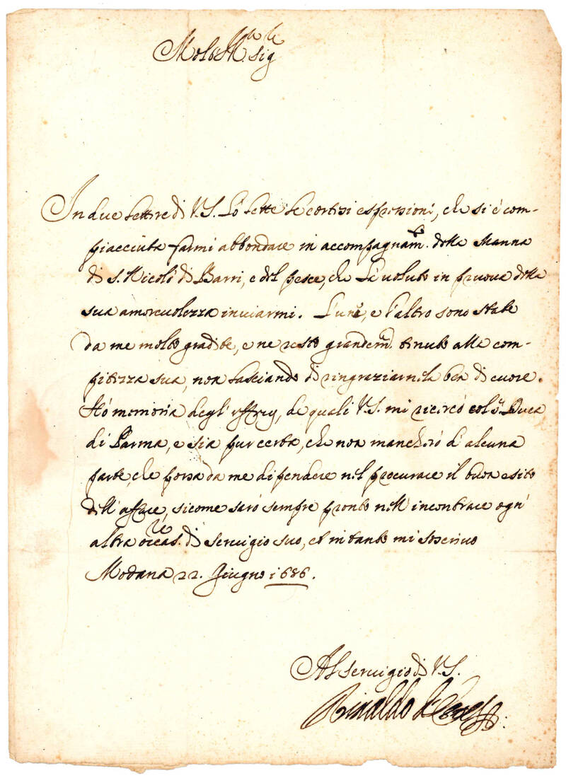 Lettera cancelleresca con firma autografa. Manoscritto su carta. Modena, 22 giugno 1686