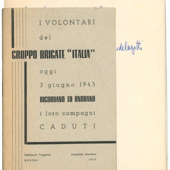 Per una storia della resistenza modenese. Lotta partigiana C.L.N. Raccolta di documenti dattiloscritti, a stampa e manoscritti riguardanti il Comitato di Liberazione Nazionale della provincia modenese, i rapporti con il partito Democratico Cristiano e suc