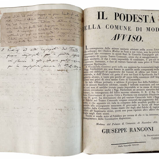 Memorie storico-cronologiche dei Teatri di Modena di Alessandro Gandini. Parte prima [-seconda]. 1866. Manoscritto autografo su carta. [Modena, ca. 1866-1871]