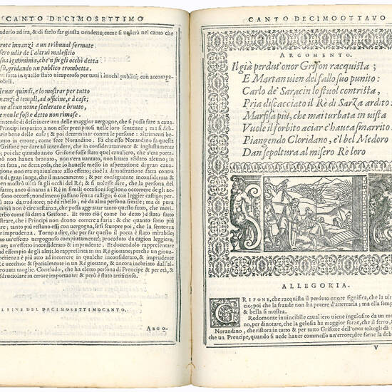 Bellezze del Furioso di M. Lodovico Ariosto; scielte da Oratio Toscanella: con gli argomenti, et allegorie de i canti: con l’Allegorie de i nomi proprii principali dell’opera: et co i luochi communi dell’autore, per ordine di alfabeto; del medesimo