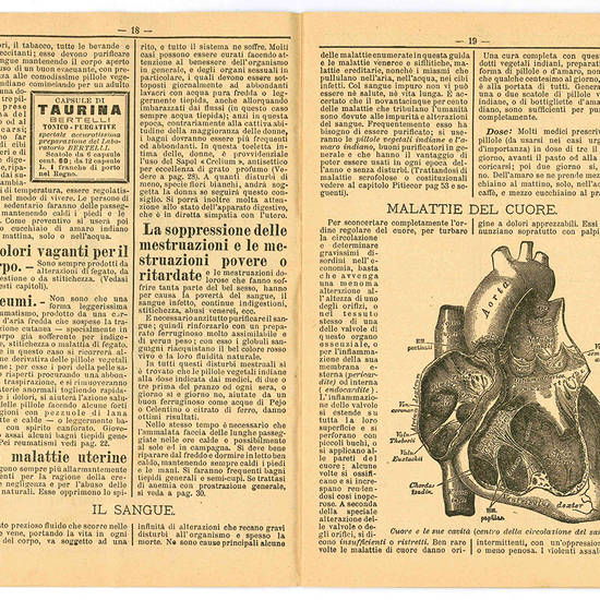 Lotto di cinque opuscoli di pubblicità farmaceutica profusamente illustrati.