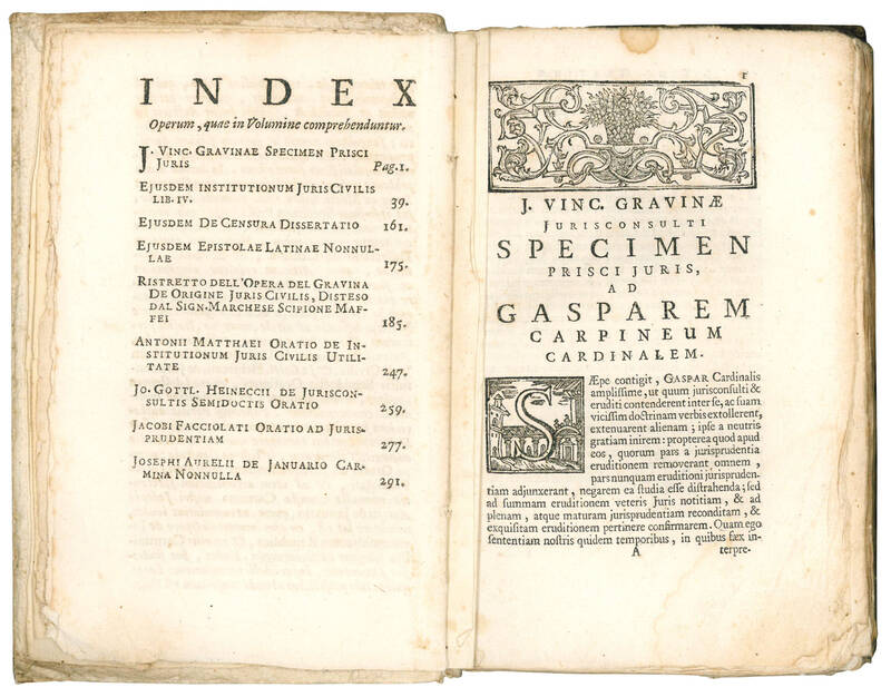 Institutionum juris civilis receptioris libri IIV Praemittitur ejusdem Auctoris specimen prisci juris Tum ipsius Gravinae Aliorumque clarissimorum Virorum Nonnulla opuscula Ad Jurisprudentiam praesertim spectantia subnectuntur.