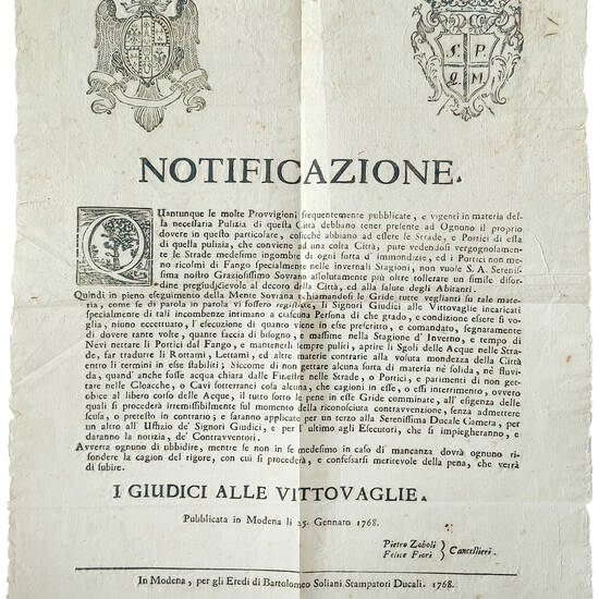 Notificazione. I Giudici delle Vittovaglie. PUbblicata in Modena li 25. Gennaro 1768