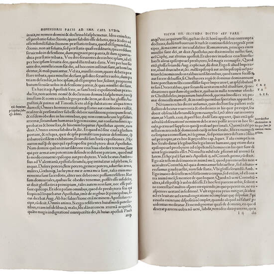 Opus insigne cui titulum fecit autor Defensorem pacis: quod quaestionem illam iam olim controversam, de potestate Papae et imperatoris excussissime tractet, profuturu[m] theologis, iureconsultis, in summa optimaru[m] literarum cultoribus omnibus scriptum