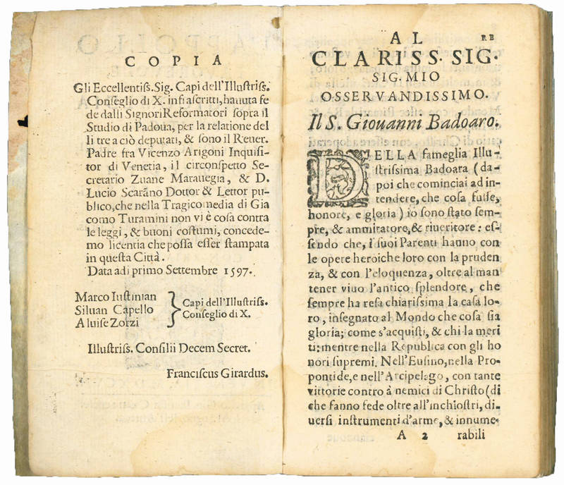 L’Appollo favorevole, tragicomedia politica, di Iacomo Turamini dedicata al Clariss. Sig. Giovanni Badoaro. Nelle felicissime Nozze della Clariss. Sig. Maria Contarini