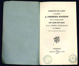 Tributo di Lodi al glorioso S. Decenzio martire per la traslazione del sacro suo corpo alla chiesa plebanale di Vignola addì VII di ottobre del MDCCCXXXVIII