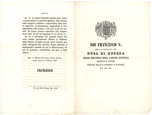 Noi Francesco V. per la grazia di Dio Duca di Modena, Reggio, Mirandola, Massa, Carrara, Guastalla Arciduca d’Austria [...]