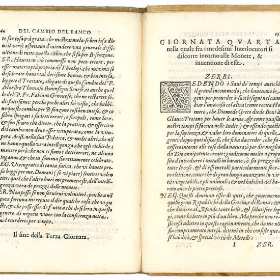 Discorso in forma di dialogo intorno al Banco S. Ambrosio della Città di Milano. Di Gio. Antonio Zerbi Ragionato Generale di detto Banco. Diviso in quattro giornate. La Prima Contiene l’erettione sua, e del suo Cartulario. La Seconda De’ Luoghi, et M