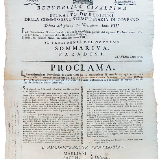 Proclama. L’Amministrazione Provvisoria di questa Città ha la consolazione di manifestare agli amati suoi Concittadini li generosi sentimenti del Primo Console della Prima Nazione l’Invitto Bonaparte