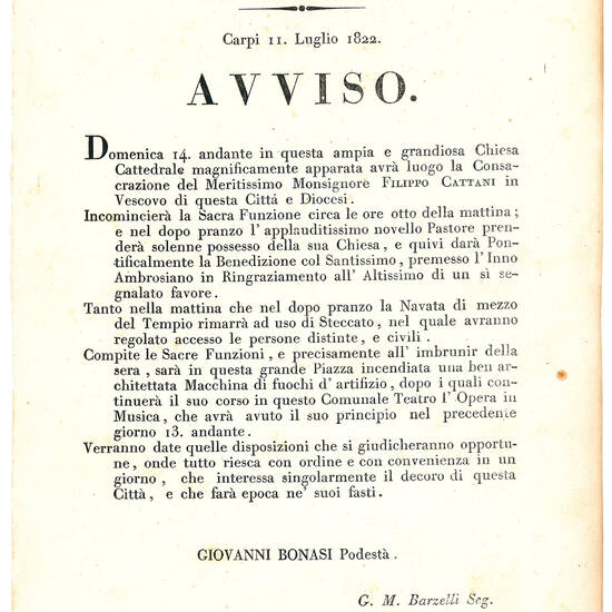 Dominj Estensi. Provincia di Modena. Carpi 11. Luglio 1822. Avviso. Giovanni Bonasi Podestà