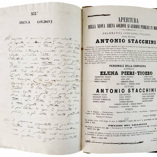 Memorie storico-cronologiche dei Teatri di Modena di Alessandro Gandini. Parte prima [-seconda]. 1866. Manoscritto autografo su carta. [Modena, ca. 1866-1871]