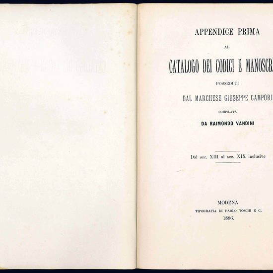 Appendice prima al Catalogo dei Codici Manoscritti posseduti dal Marchese Giuseppe Campori.