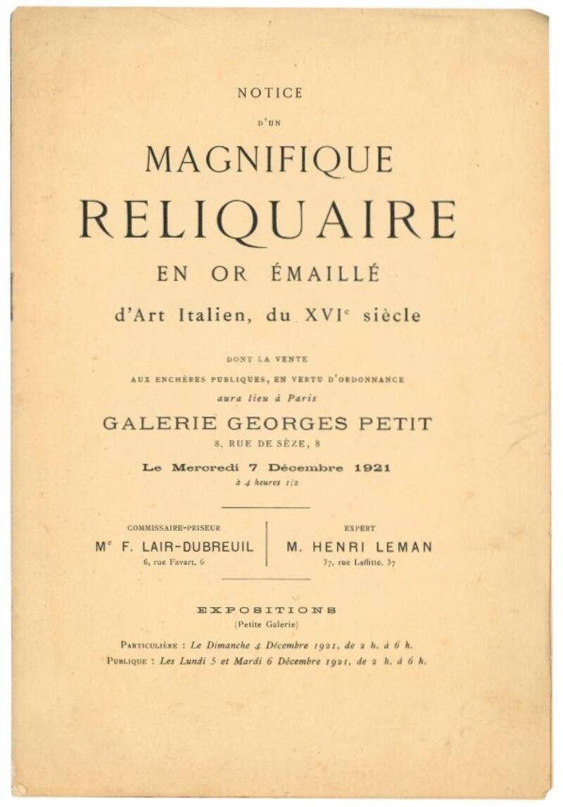 Notice d'un magnifique reliquaire en or émaillé d'art italien, du XVI siècle.