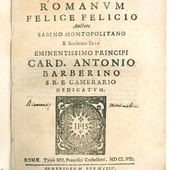 Onomasticum Romanum Felice Felicio auctore Sabino Montopolitano e Societate Iesu Eminentissimo Principi Card. Antonio Barberino S. R. E. Camerarium dedicatum.