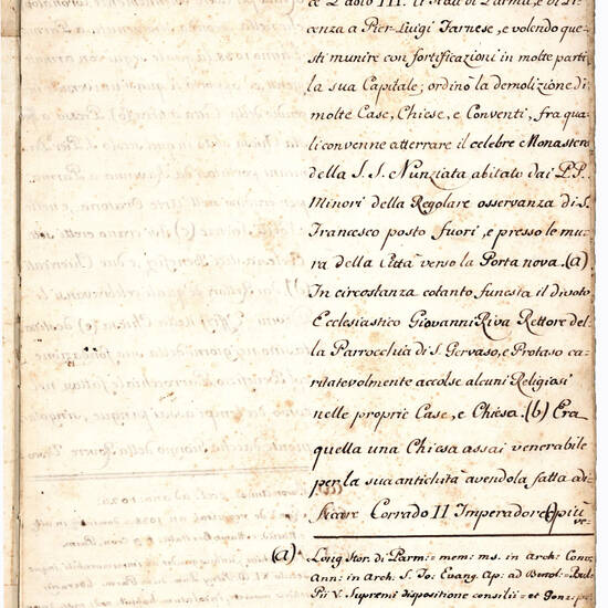 Memoria, e Narrazione riguardanti alla Chiesa de’ R.R. Padri della SS.ma Annunciata di Parma. Manoscritto su carta in italiano e latino. [Parma?, ca. 1777]