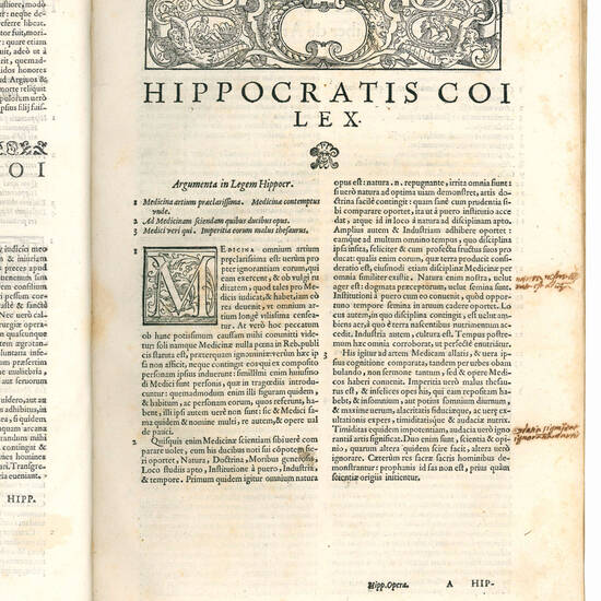 Hippocratis Coi medicorum omnium facile principis Opera. Quibus addidimus commentaria Ioan. Marinelli in quibus morbi omnes, eorumque causae, signa ac curationes, que in libris Hisp. dispersim scribuntur, una copulantur, atque tractantur. Deinde voces, ac