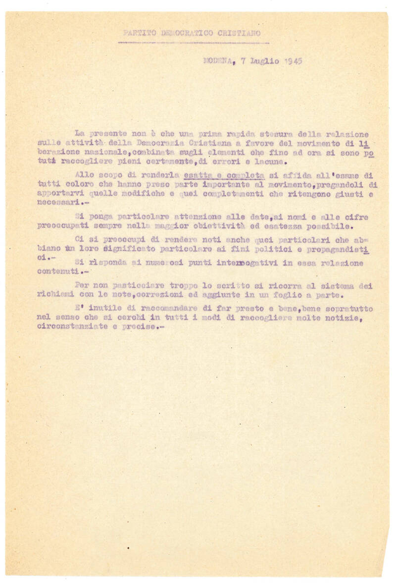 Per una storia della resistenza modenese. Lotta partigiana C.L.N. Raccolta di documenti dattiloscritti, a stampa e manoscritti riguardanti il Comitato di Liberazione Nazionale della provincia modenese, i rapporti con il partito Democratico Cristiano e suc