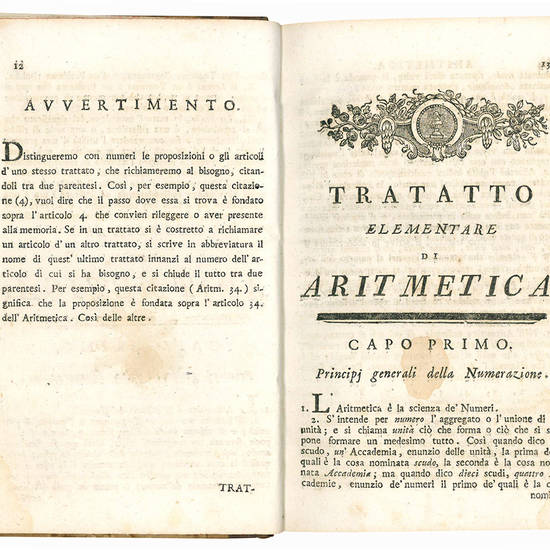 Corso di matematica del signor abate Bossut tradotto dal francese ed accresciuto di aggiunte ad uso della Regia Università di Pavia dal p.d. Andrea Mozzoni Olivetano pub. ripetitore di matematica. Prima edizione veneta dietro alla seconda di Pavia arricc