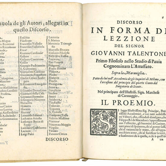 Discorso in forma di lezzione del signor Giovanni Talentone, primo filosofo nello Studio di Pavia, cognominato l’Attufato, sopra la Maraviglia, fatto da lui nell’Accademia de gli Inquieti di Milano, con l’occasione del principio del quarto canto del