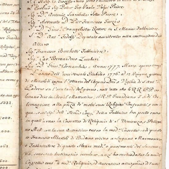 Memoria, e Narrazione riguardanti alla Chiesa de’ R.R. Padri della SS.ma Annunciata di Parma. Manoscritto su carta in italiano e latino. [Parma?, ca. 1777]