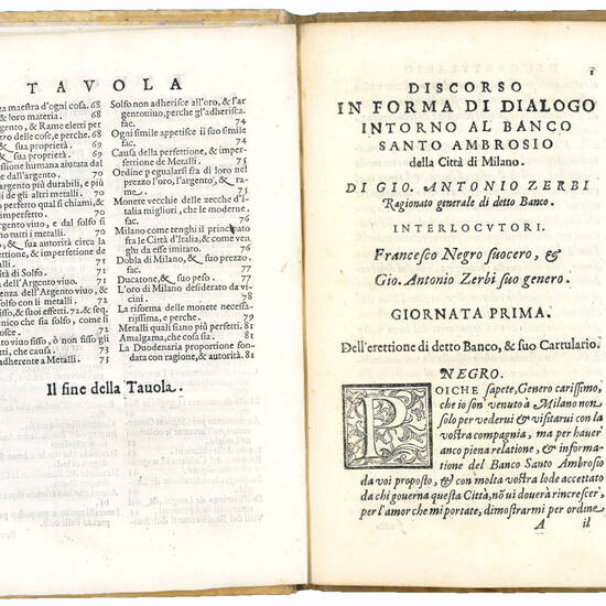 Discorso in forma di dialogo intorno al Banco S. Ambrosio della Città di Milano. Di Gio. Antonio Zerbi Ragionato Generale di detto Banco. Diviso in quattro giornate. La Prima Contiene l’erettione sua, e del suo Cartulario. La Seconda De’ Luoghi, et M