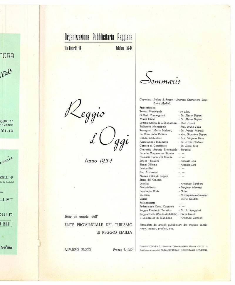 Reggio d'oggi. Anno 1954. Sotto gli asupici dell'Ente Provinciale del Turismo di Reggio Emilia. Numero unico.