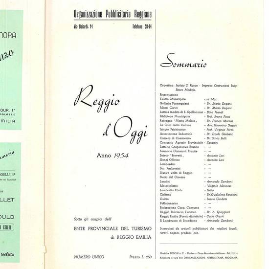 Reggio d'oggi. Anno 1954. Sotto gli auspici dell'Ente Provinciale del Turismo di Reggio Emilia. Numero unico.