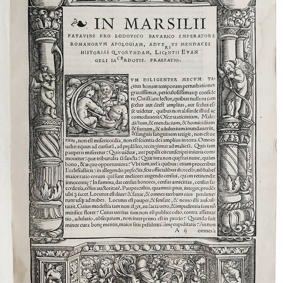 Opus insigne cui titulum fecit autor Defensorem pacis: quod quaestionem illam iam olim controversam, de potestate Papae et imperatoris excussissime tractet, profuturu[m] theologis, iureconsultis, in summa optimaru[m] literarum cultoribus omnibus scriptum