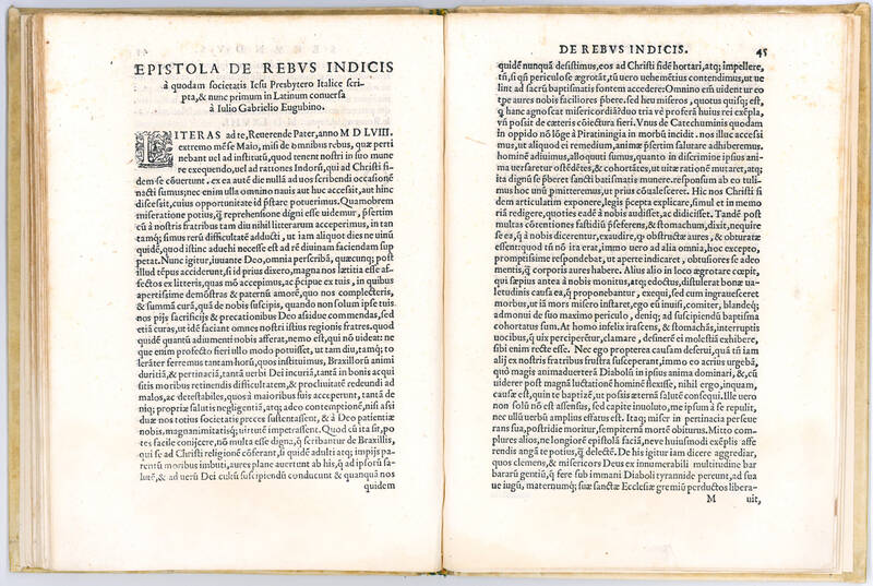 Iulii Gabrielii Eugubini Orationum, et Epistolarum, partim suo, partim aliorum nomine scriptarum, libri duo. EPISTOLA DE REBUS INDICIS a quodam Societatis Iesu Presbytero Italice scripta, et nunc primum in Latinum conversa a Iulio Gabrielio Eugubino