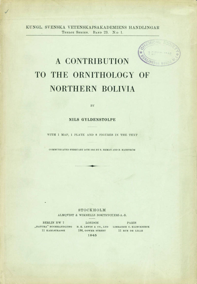 A contribution to the ornithology of northern Bolivia